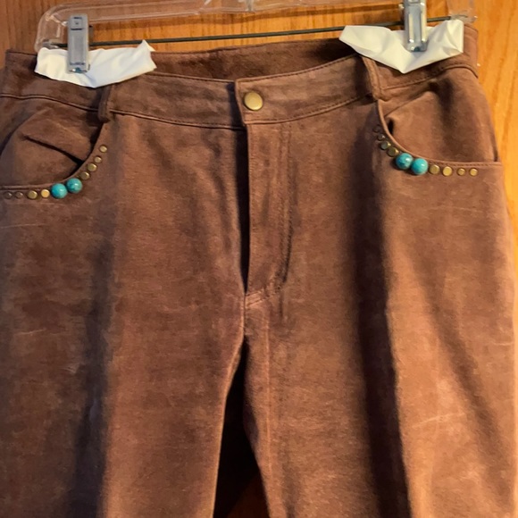 1990s High-waisted Western Suede Pants with Turquoise and Metal Studs - Picture 4 of 10